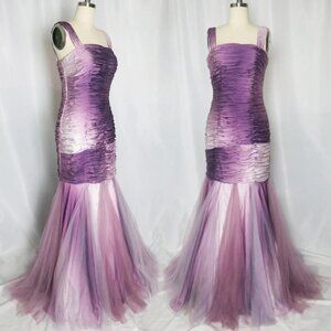 Vtg Violet Ombré Ruched Pleated Layered Tulle Mermaid Gown Dress